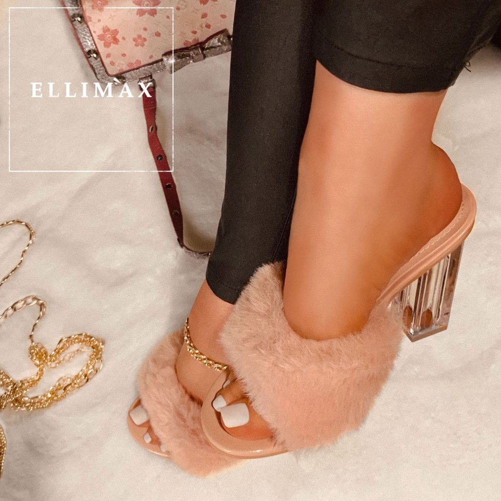 NEW🔥 Nude Faux Fur Open Toe Side Mules Sandal Transparent Clear Block High Heel